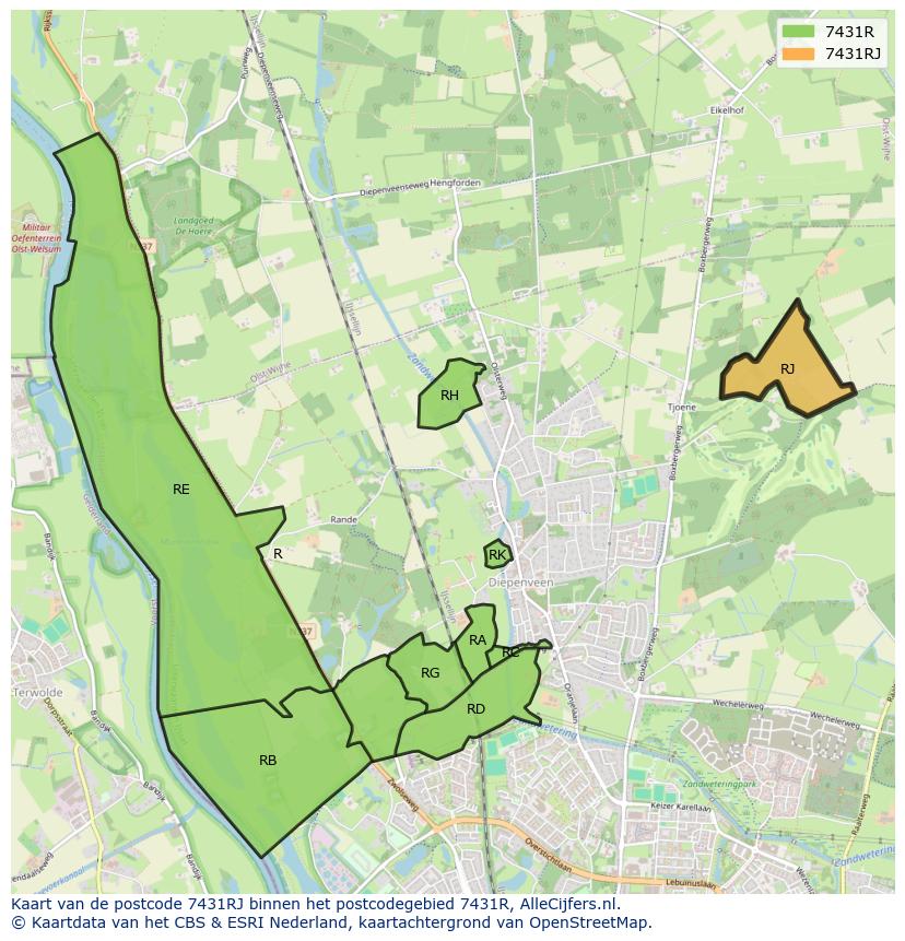 Afbeelding van het postcodegebied 7431 RJ op de kaart.