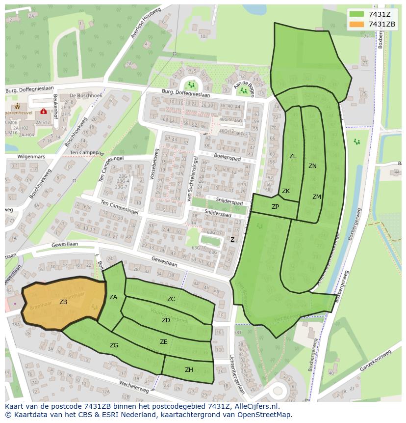 Afbeelding van het postcodegebied 7431 ZB op de kaart.