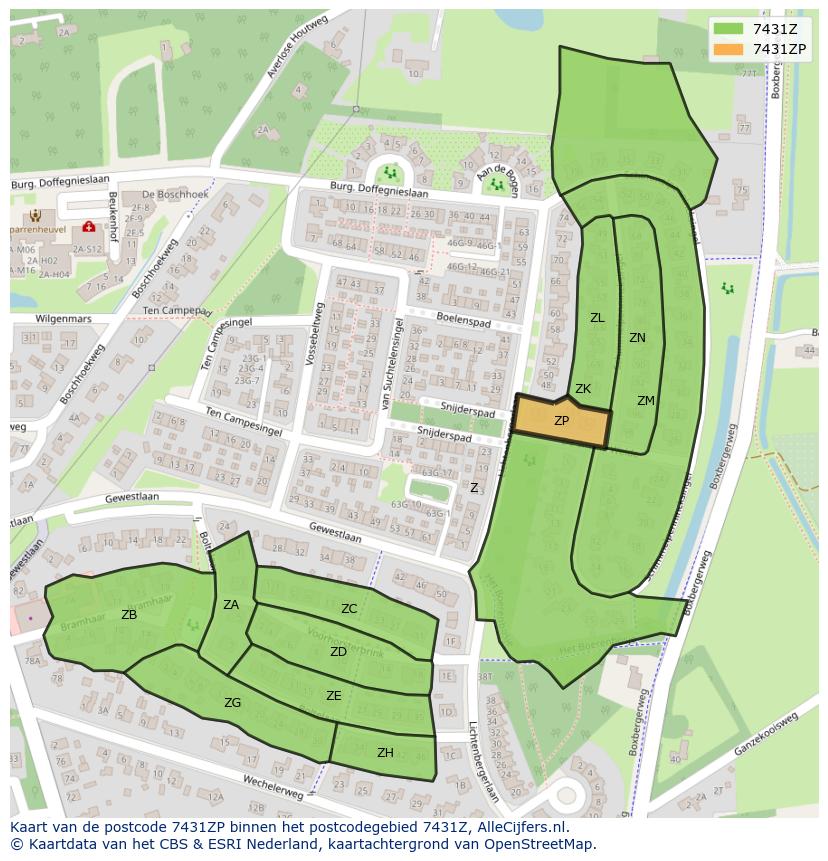 Afbeelding van het postcodegebied 7431 ZP op de kaart.