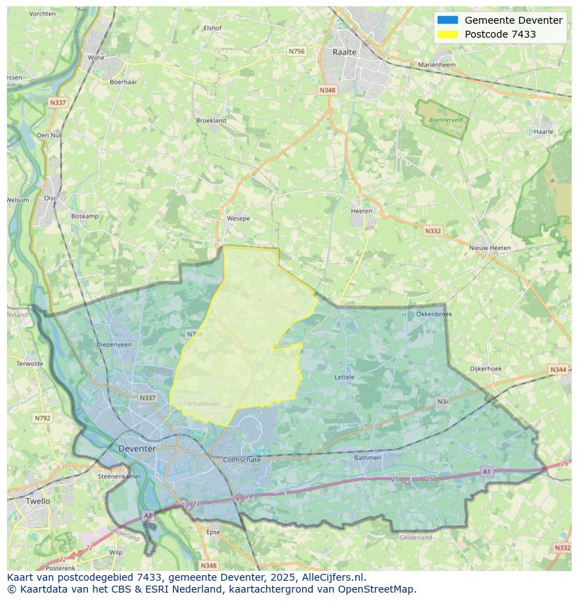 Afbeelding van het postcodegebied 7433 op de kaart.