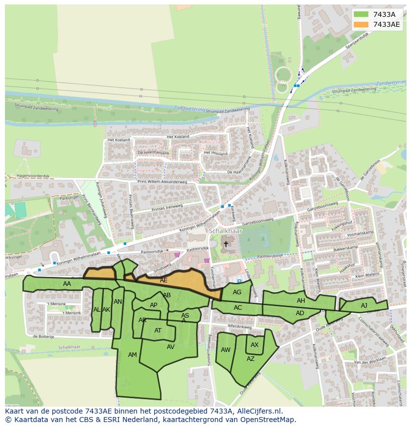 Afbeelding van het postcodegebied 7433 AE op de kaart.