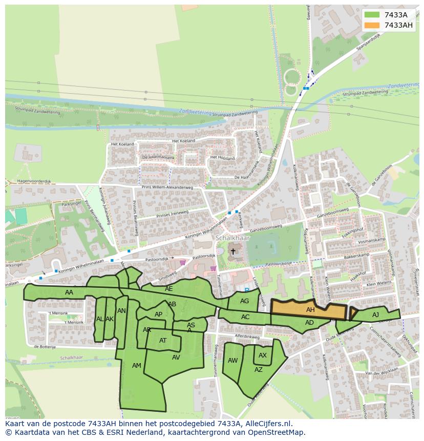 Afbeelding van het postcodegebied 7433 AH op de kaart.