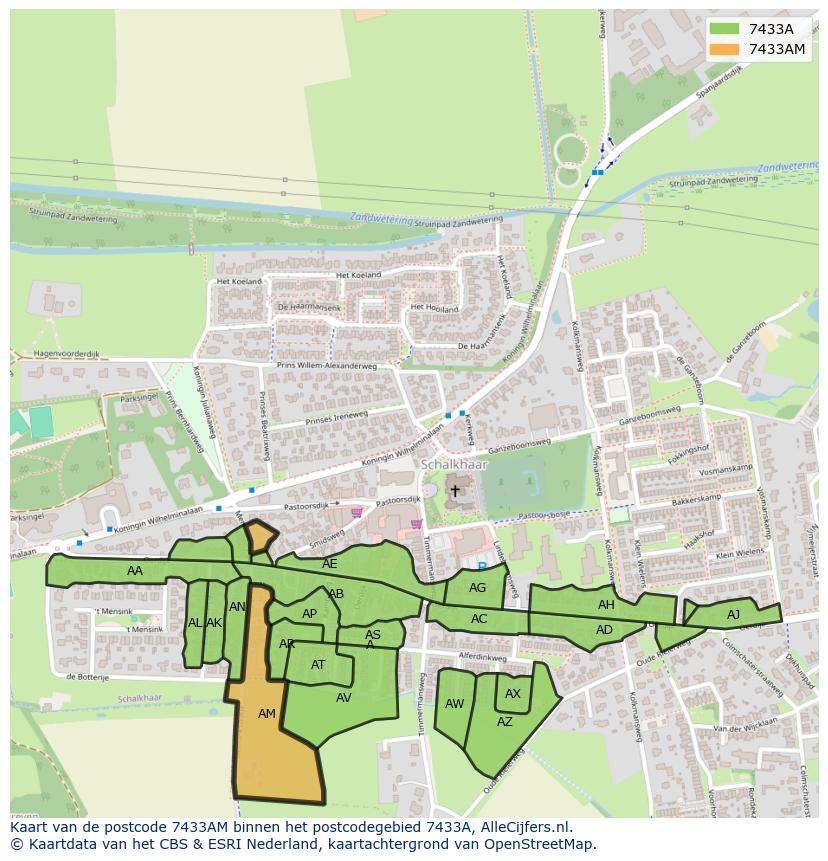 Afbeelding van het postcodegebied 7433 AM op de kaart.