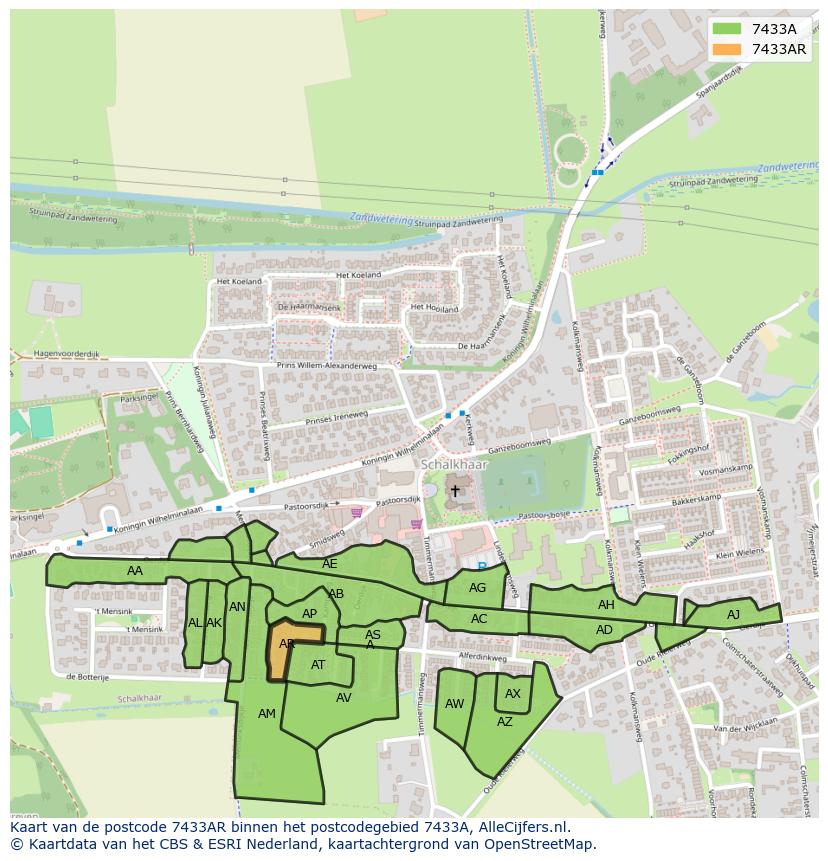 Afbeelding van het postcodegebied 7433 AR op de kaart.