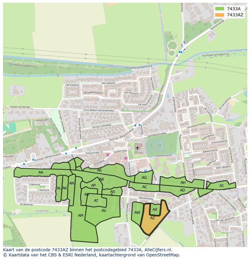 Afbeelding van het postcodegebied 7433 AZ op de kaart.