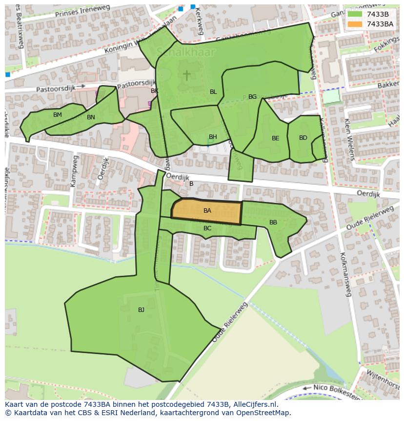 Afbeelding van het postcodegebied 7433 BA op de kaart.