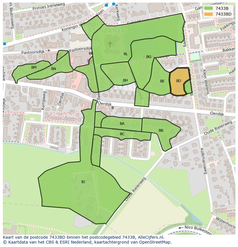 Afbeelding van het postcodegebied 7433 BD op de kaart.