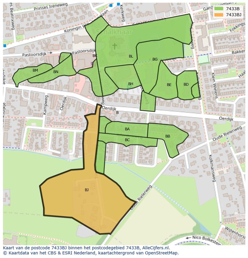 Afbeelding van het postcodegebied 7433 BJ op de kaart.