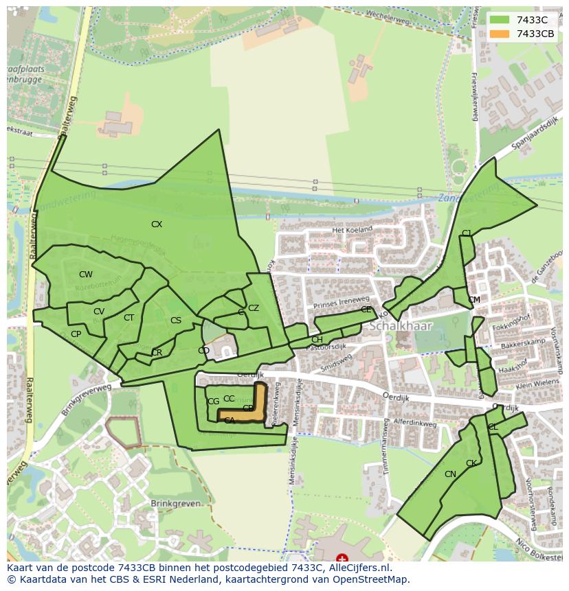 Afbeelding van het postcodegebied 7433 CB op de kaart.