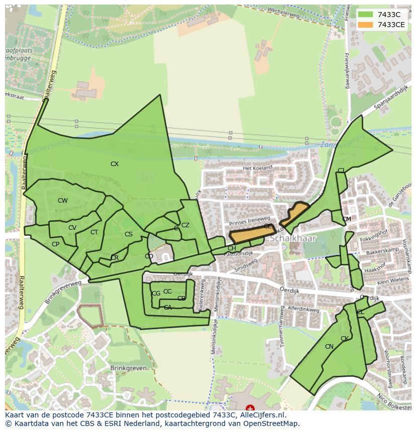 Afbeelding van het postcodegebied 7433 CE op de kaart.