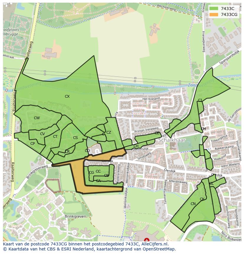 Afbeelding van het postcodegebied 7433 CG op de kaart.
