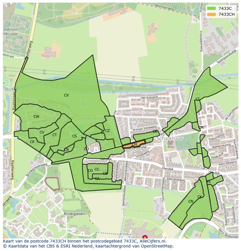 Afbeelding van het postcodegebied 7433 CH op de kaart.