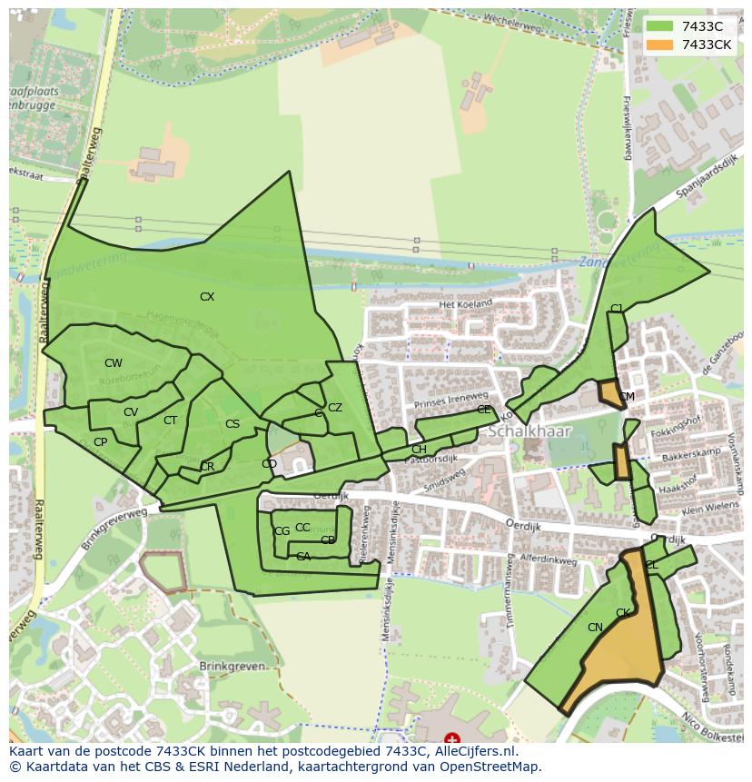 Afbeelding van het postcodegebied 7433 CK op de kaart.