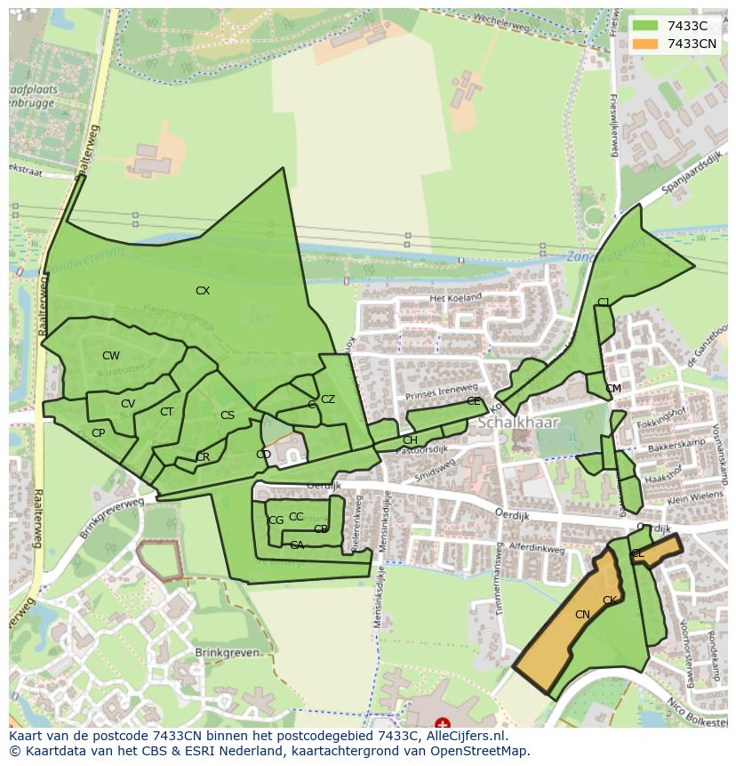 Afbeelding van het postcodegebied 7433 CN op de kaart.