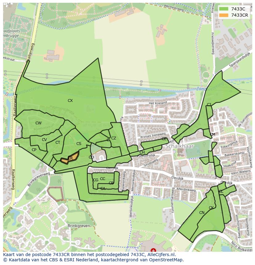 Afbeelding van het postcodegebied 7433 CR op de kaart.