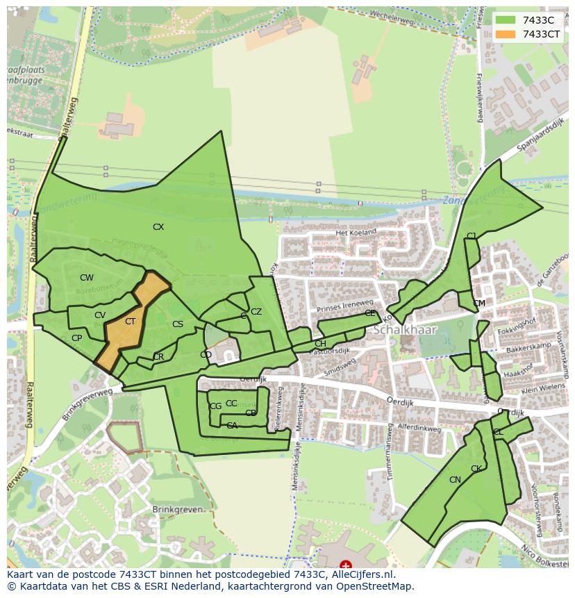 Afbeelding van het postcodegebied 7433 CT op de kaart.