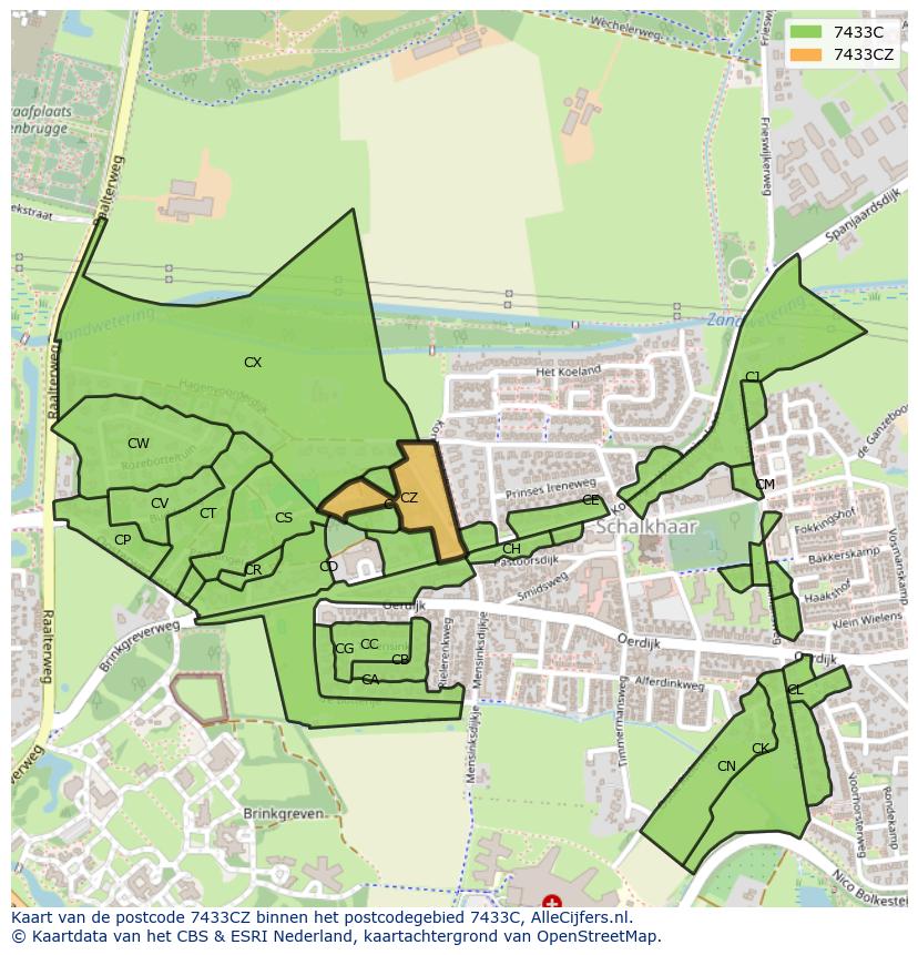 Afbeelding van het postcodegebied 7433 CZ op de kaart.