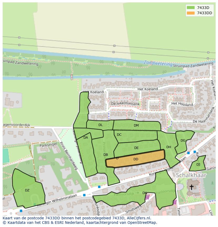 Afbeelding van het postcodegebied 7433 DD op de kaart.