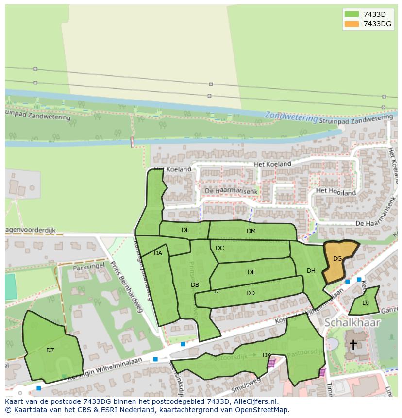 Afbeelding van het postcodegebied 7433 DG op de kaart.