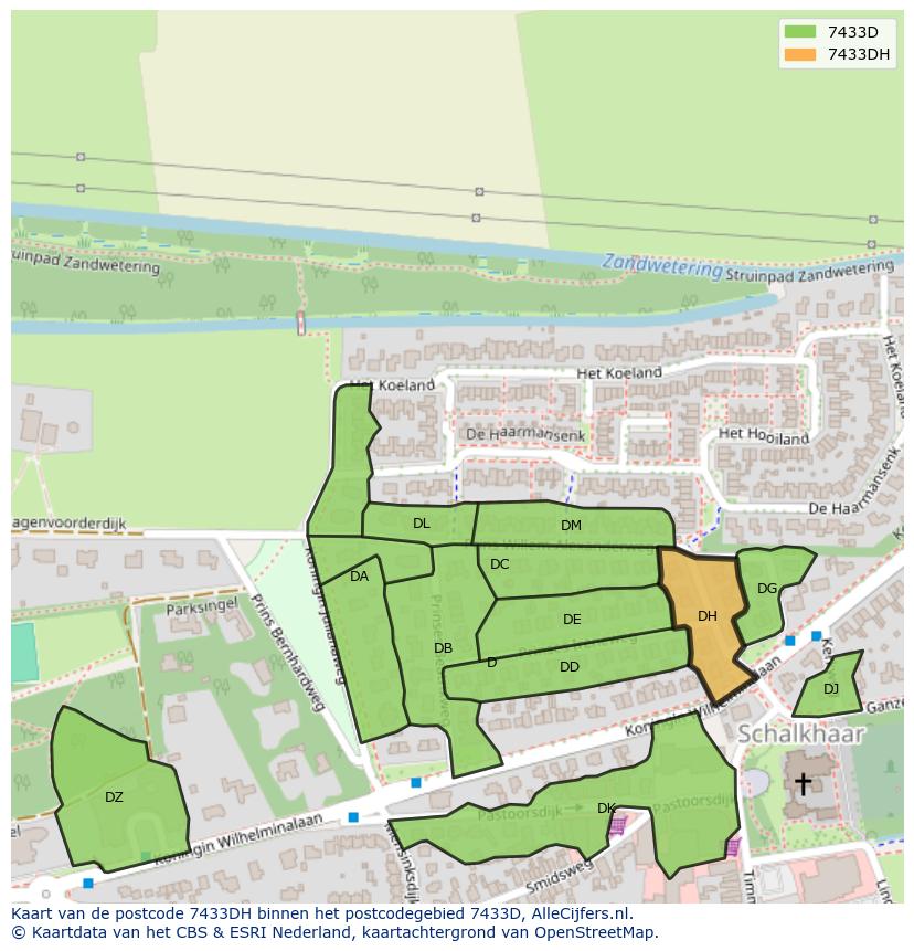 Afbeelding van het postcodegebied 7433 DH op de kaart.