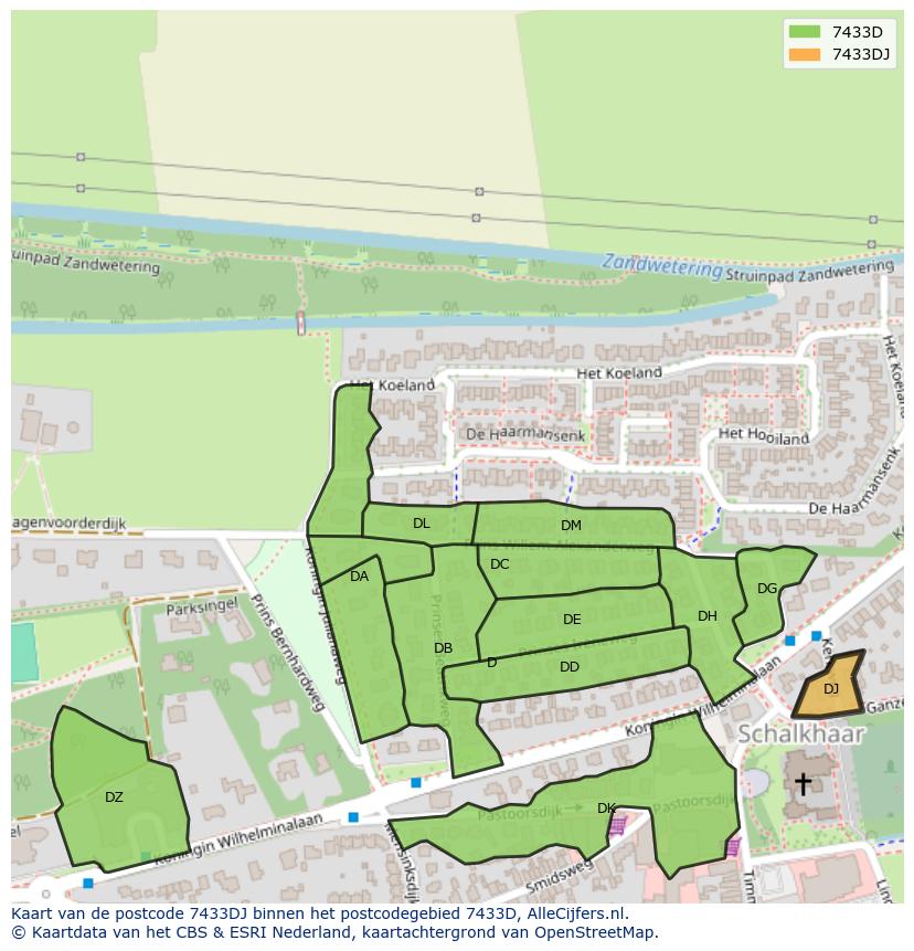 Afbeelding van het postcodegebied 7433 DJ op de kaart.