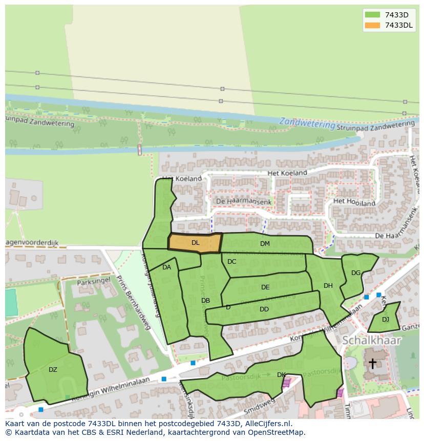 Afbeelding van het postcodegebied 7433 DL op de kaart.