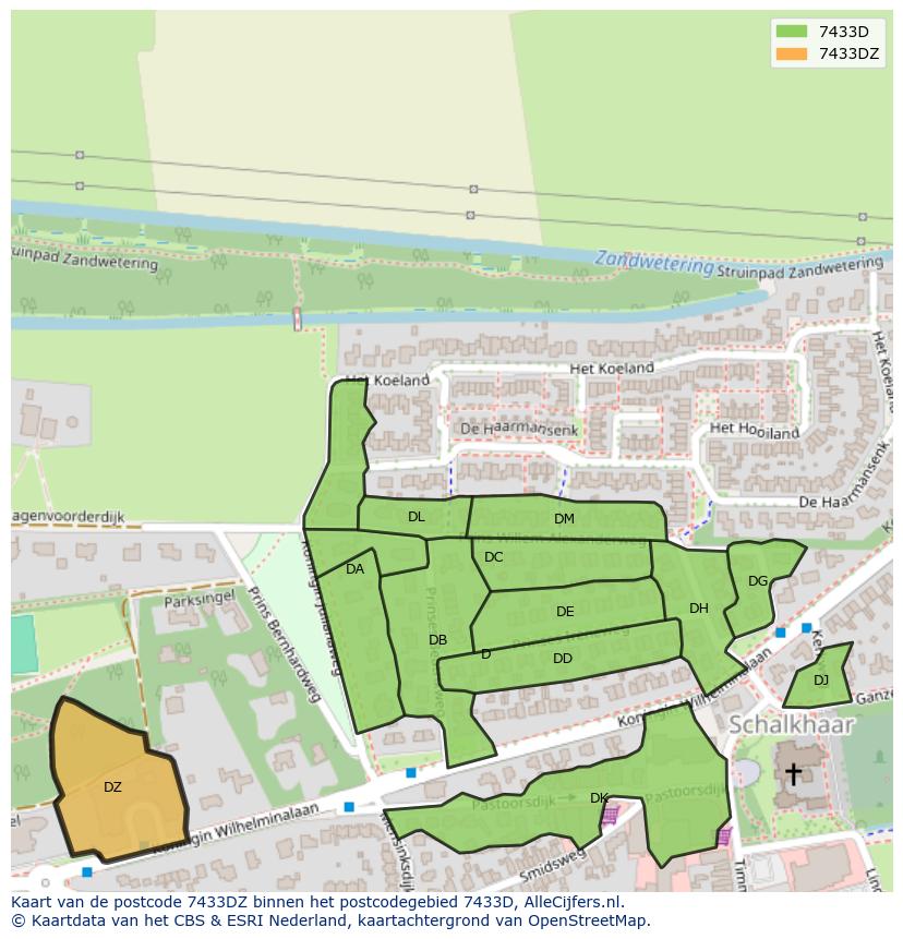 Afbeelding van het postcodegebied 7433 DZ op de kaart.