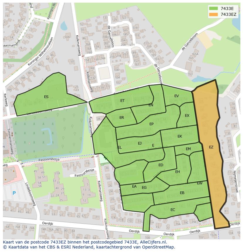 Afbeelding van het postcodegebied 7433 EZ op de kaart.