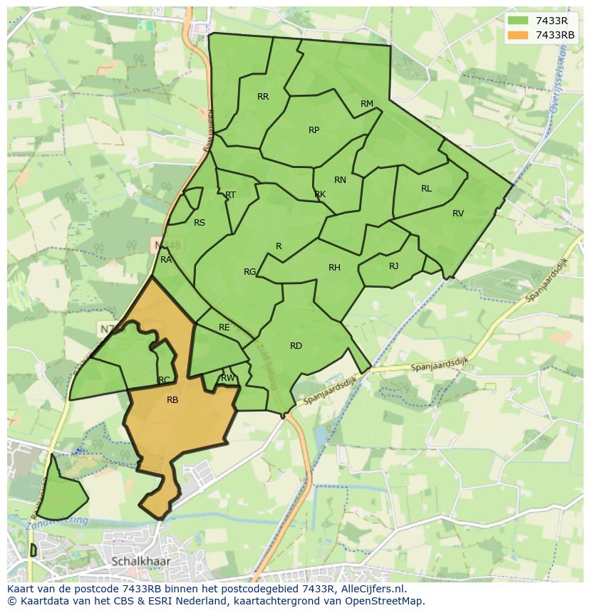 Afbeelding van het postcodegebied 7433 RB op de kaart.