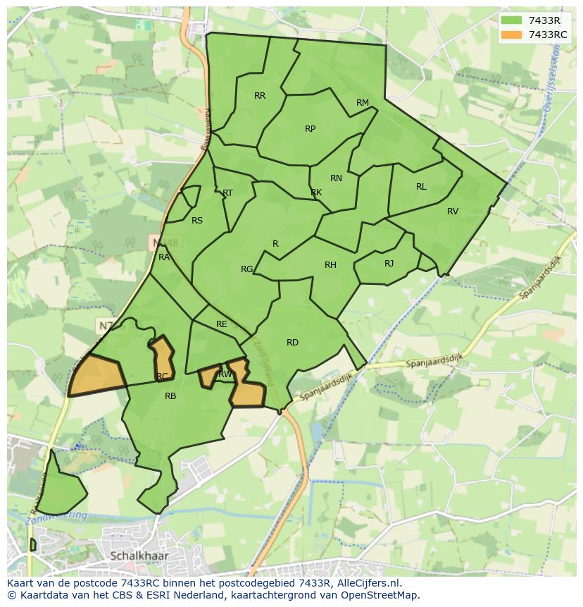 Afbeelding van het postcodegebied 7433 RC op de kaart.
