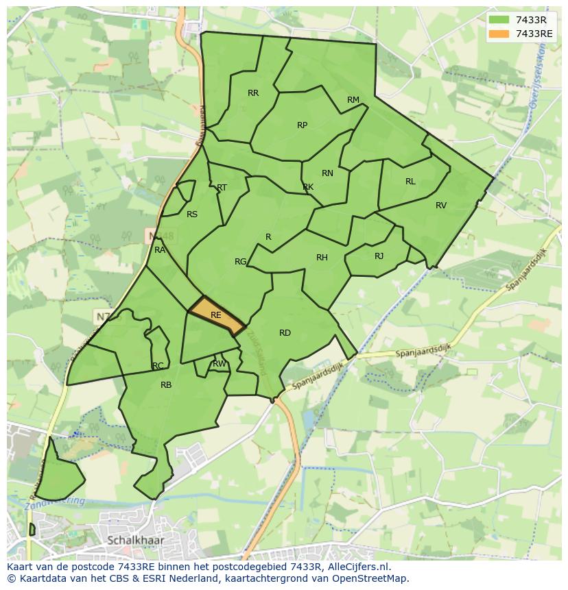 Afbeelding van het postcodegebied 7433 RE op de kaart.