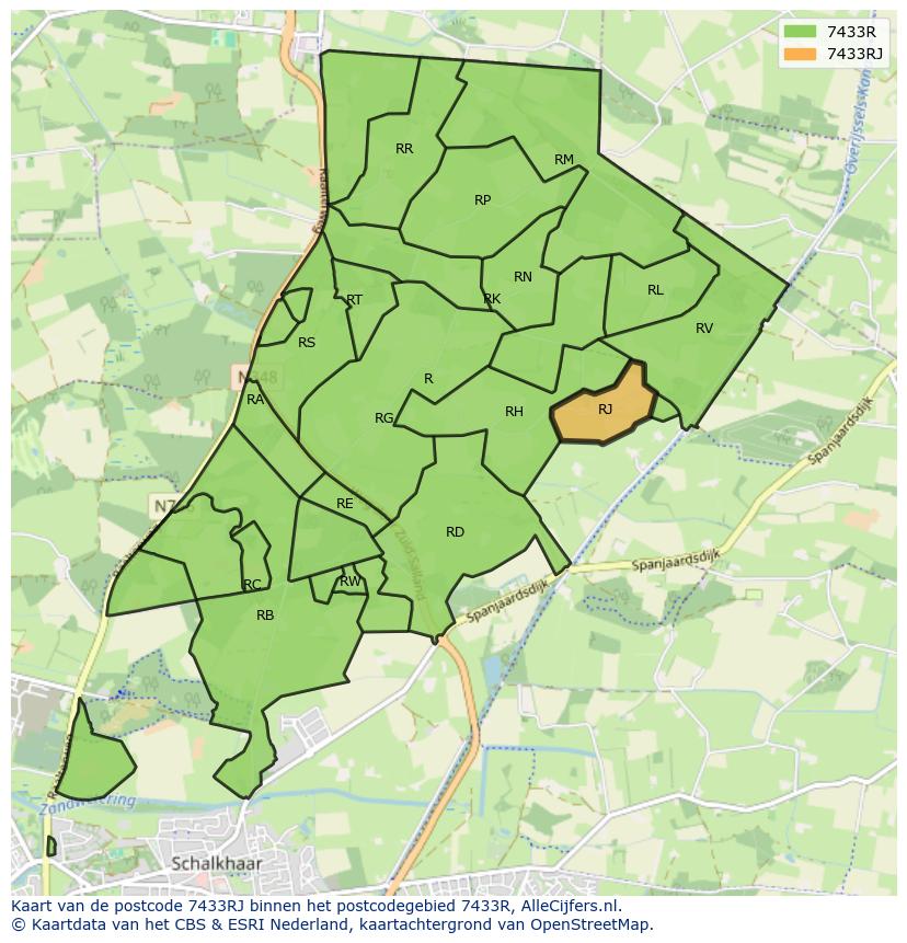 Afbeelding van het postcodegebied 7433 RJ op de kaart.