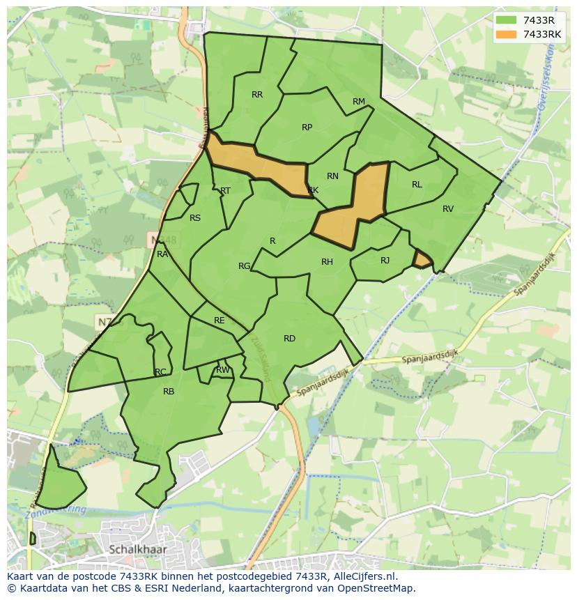 Afbeelding van het postcodegebied 7433 RK op de kaart.