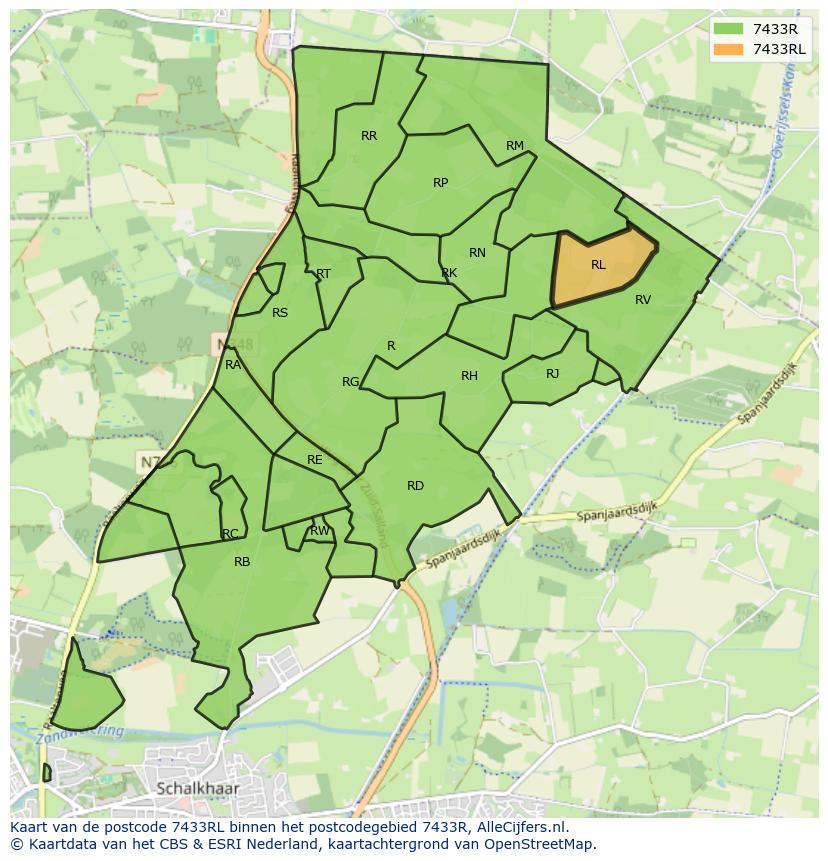 Afbeelding van het postcodegebied 7433 RL op de kaart.