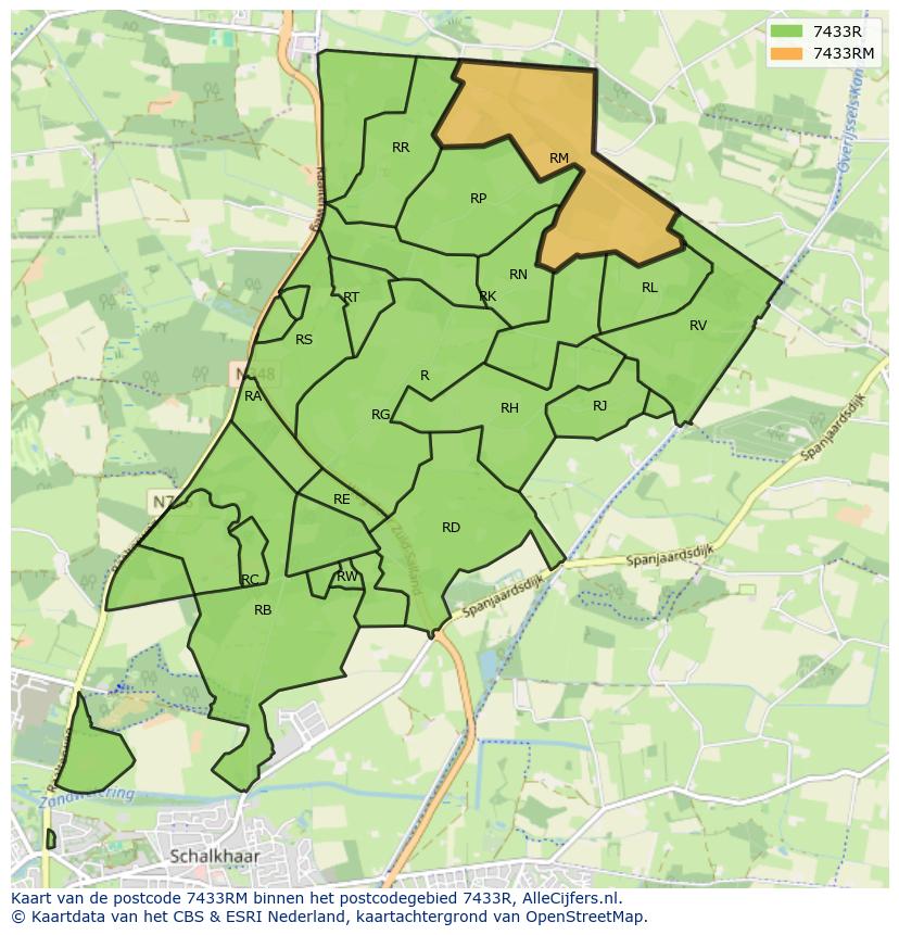 Afbeelding van het postcodegebied 7433 RM op de kaart.