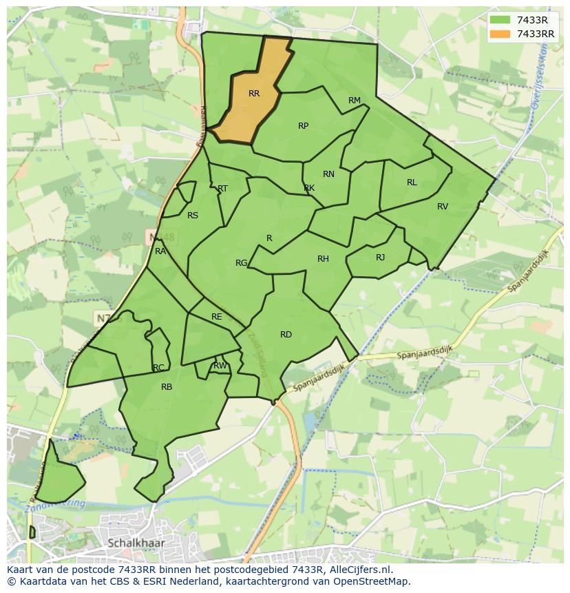 Afbeelding van het postcodegebied 7433 RR op de kaart.