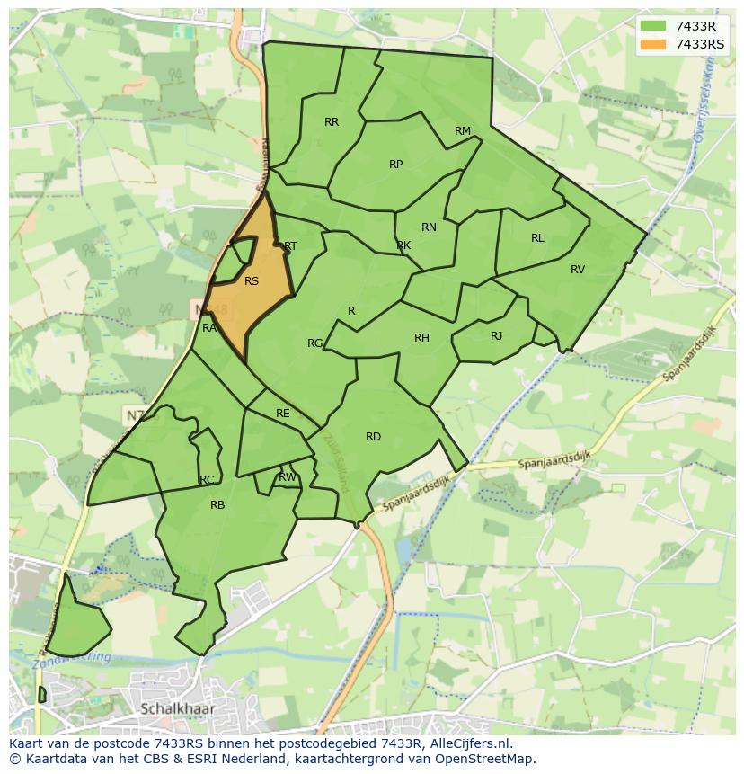 Afbeelding van het postcodegebied 7433 RS op de kaart.