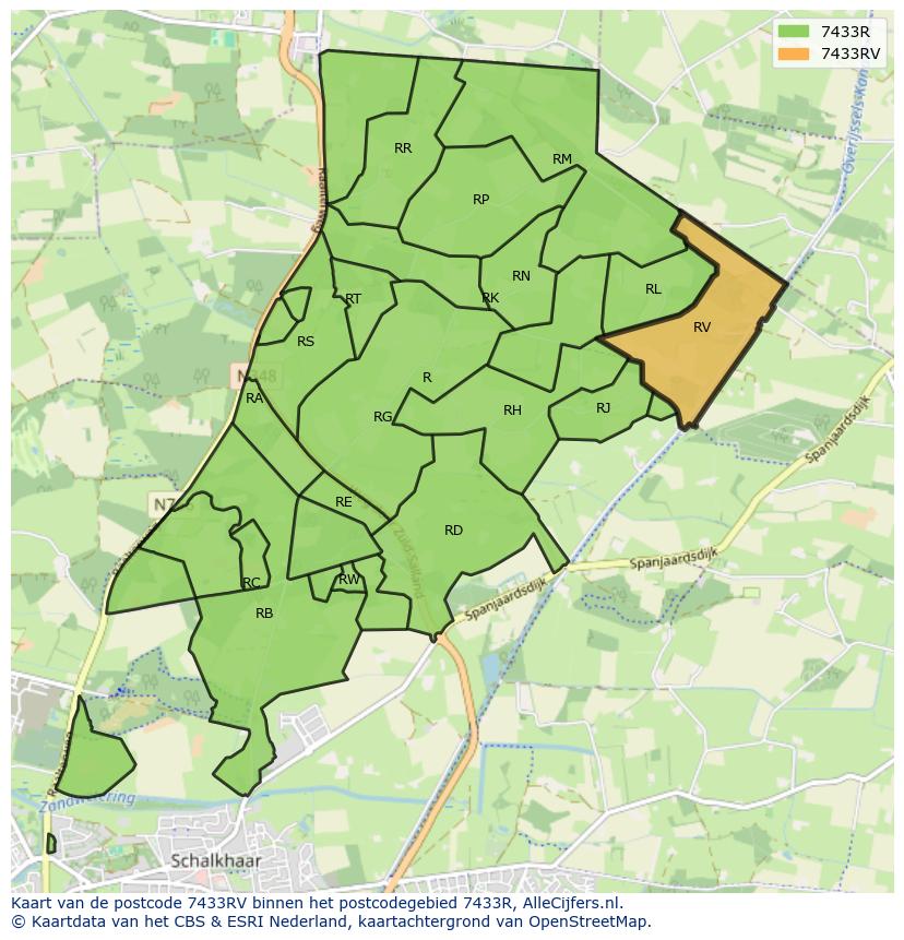 Afbeelding van het postcodegebied 7433 RV op de kaart.