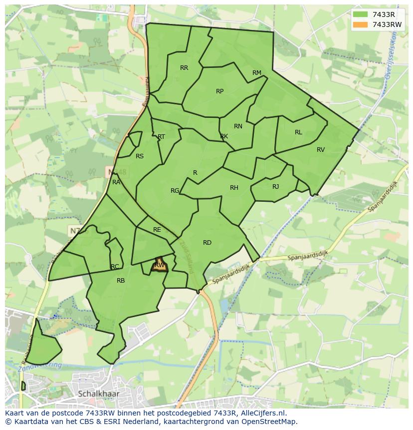Afbeelding van het postcodegebied 7433 RW op de kaart.