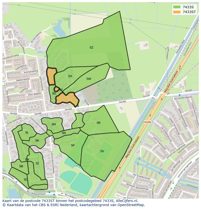 Afbeelding van het postcodegebied 7433 ST op de kaart.