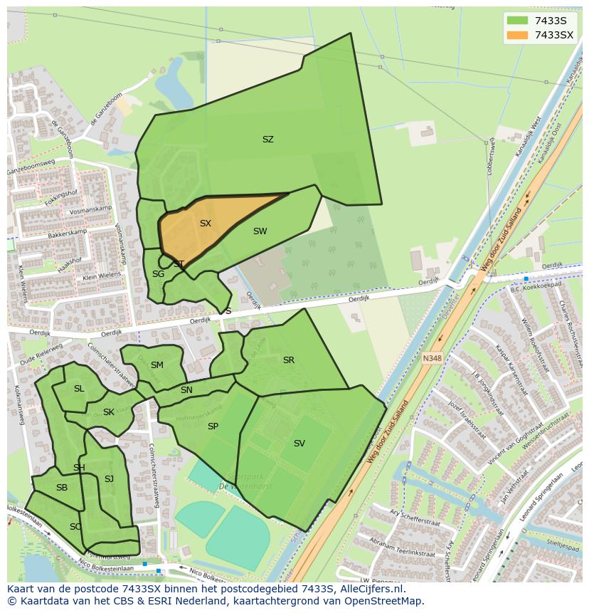 Afbeelding van het postcodegebied 7433 SX op de kaart.