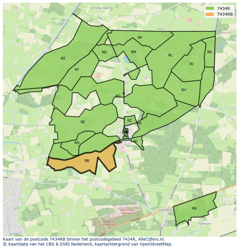 Afbeelding van het postcodegebied 7434 RB op de kaart.