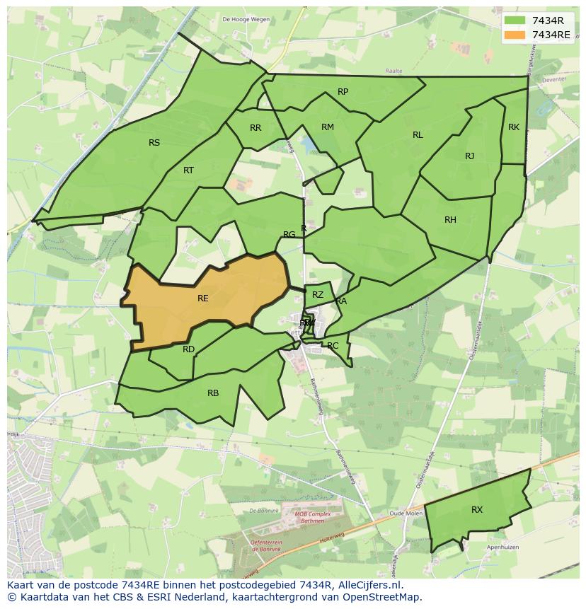 Afbeelding van het postcodegebied 7434 RE op de kaart.