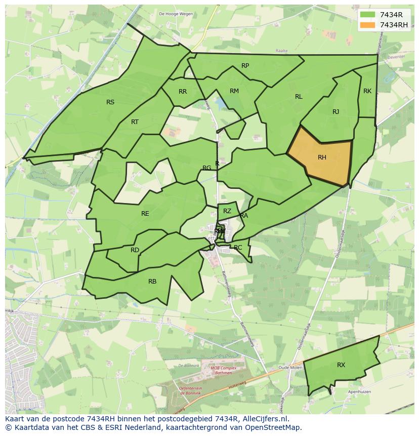 Afbeelding van het postcodegebied 7434 RH op de kaart.