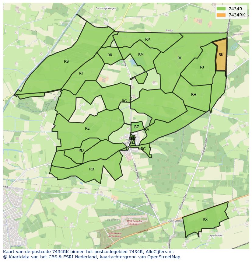 Afbeelding van het postcodegebied 7434 RK op de kaart.
