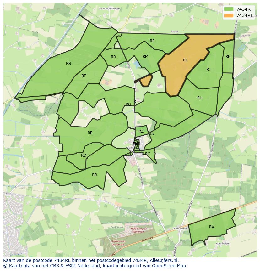 Afbeelding van het postcodegebied 7434 RL op de kaart.