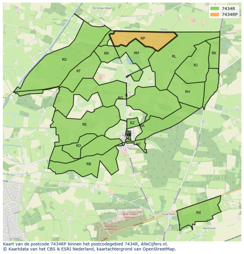 Afbeelding van het postcodegebied 7434 RP op de kaart.