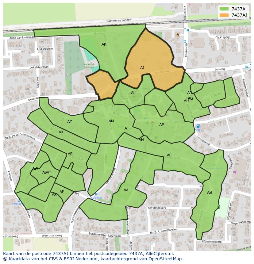 Afbeelding van het postcodegebied 7437 AJ op de kaart.