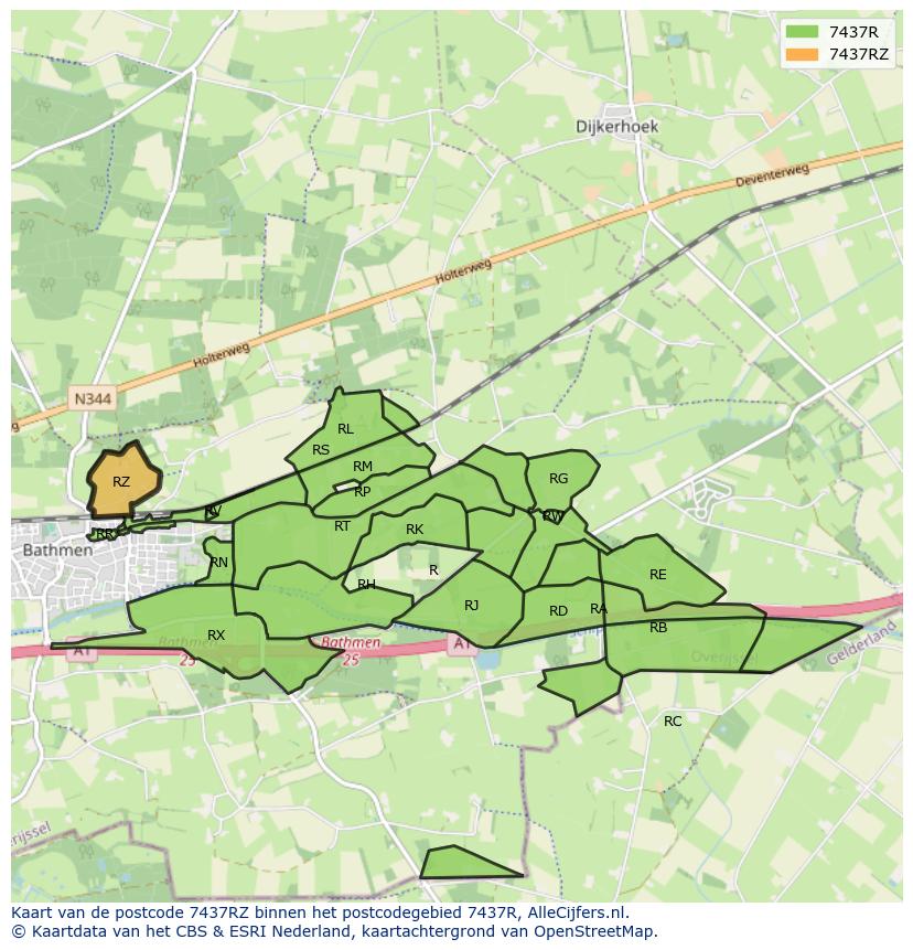 Afbeelding van het postcodegebied 7437 RZ op de kaart.