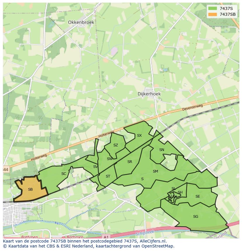 Afbeelding van het postcodegebied 7437 SB op de kaart.